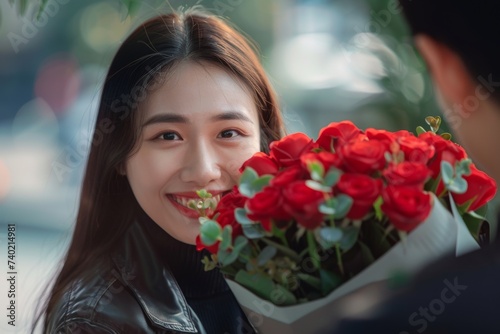 A woman radiates joy as she holds a vibrant bouquet of red roses, her face framed by delicate petals and her clothing mirroring the beauty of the outdoor flora in this stunning portrait