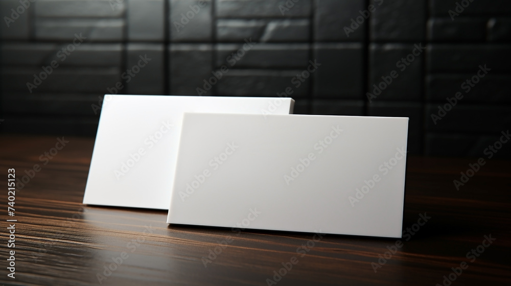 Blank white paper business cards mockup, rest on black brick tile wall Blank white paper business cards mockup, rest on black brick tile wall