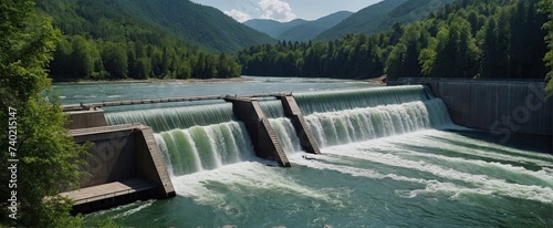 steady flow of water from a hydroelectric dam blends with the tranquil beauty of forested mountains, symbolizing sustainable energy practices