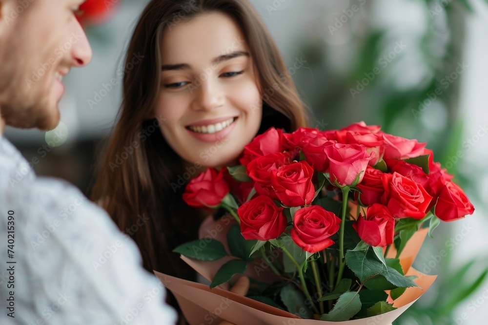 A joyful woman stands with a vibrant bouquet of red roses, her smile reflecting the artistry of floristry and the beauty of nature in her hand-crafted floral design A joyful woman stands with a vibrant bouquet of red roses, her smile reflecting the artistry of floristry and the beauty of nature in her hand-crafted floral design