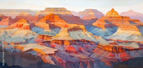 A grand canyon at sunrise, its layers painted in shades of orange, red, and gold against a pale blue sky