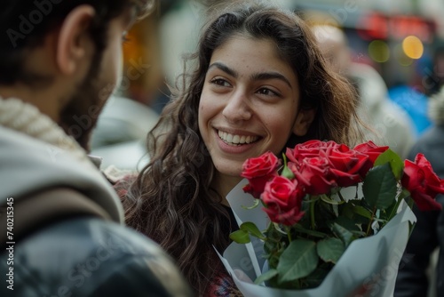 A joyful woman showcases her love for nature as she holds a vibrant bouquet of freshly cut roses in a beautifully arranged floral design