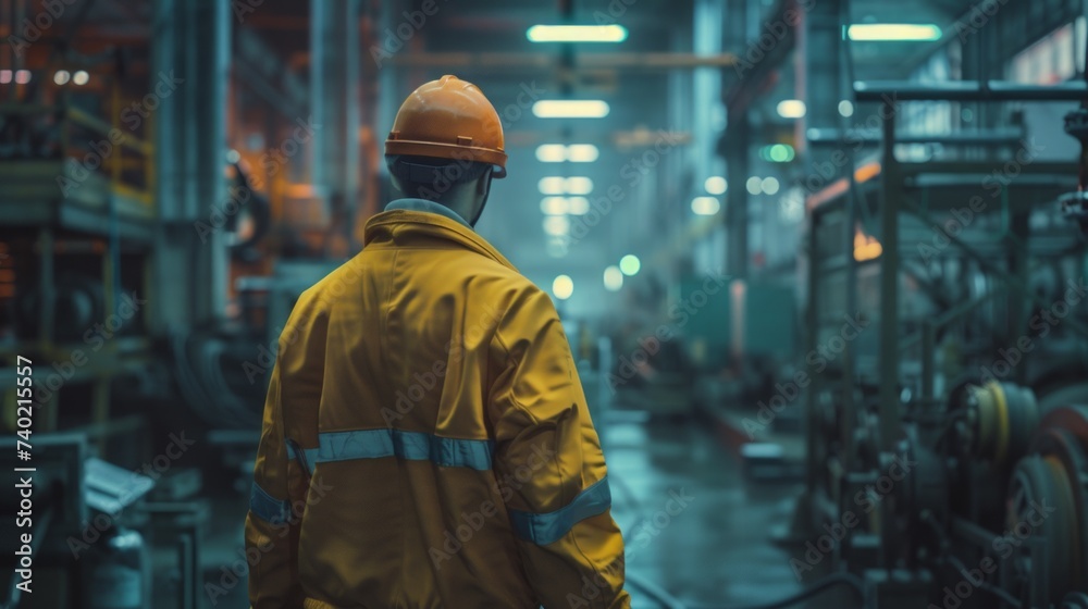A worker in a yellow raincoat and hard hat walks through a dimly lit industrial factory, highlighting the vast machinery and tools around.
A worker in a yellow raincoat and hard hat walks through a dimly lit industrial factory, highlighting the vast machinery and tools around.