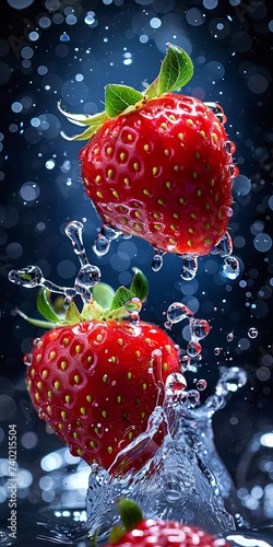 Levitation of a red strawberry with splashes and drops of water on a black and blue blurred background. Complementary values ​​in the composition. Panoramic vertical image. Generative AI. Coopy space. photo