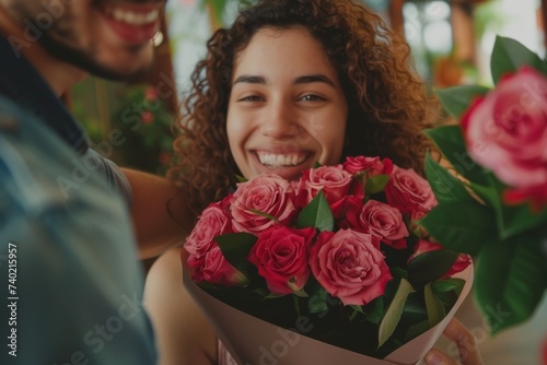 A beaming woman gracefully arranges a stunning bouquet of garden roses, showcasing her love for floral design and adding a touch of joy to any indoor space
