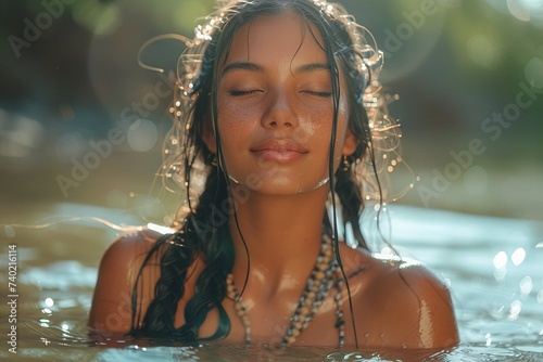 Native american indian girl swimming in the river. 