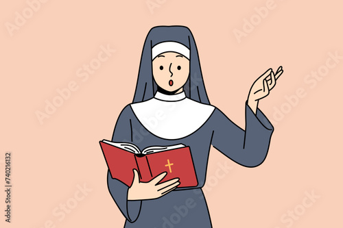Surprised nun reads bible or old testament and raises hand in surprise after learning history of emergence christianity. Shocked female church minister holding bible book, seeing lines needing change