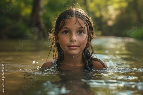 Native american indian girl swimming in the river. 