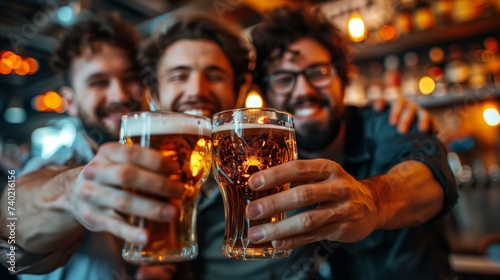 Group of friends toasting with beer glasses at a bar