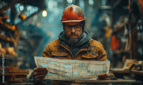 Focused engineer with blueprints at a construction site © Vodkaz
