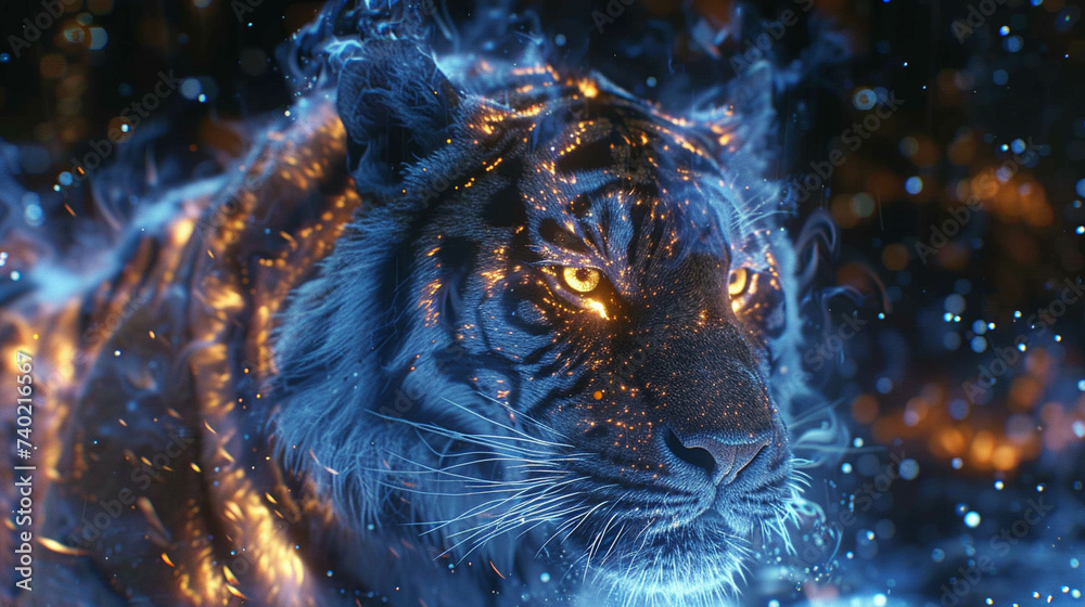 A majestic digital tiger with a cosmic, star-infused aura