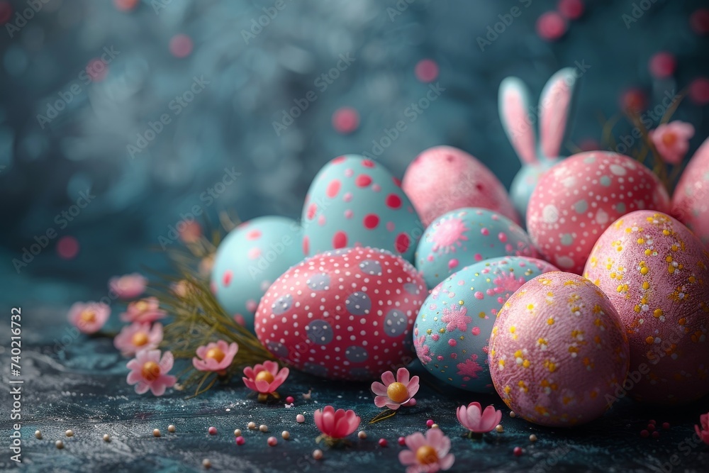 Obraz premium Happy Easter Eggs hop contracts. Bunny hopping in flower wallpaper decoration. Adorable hare 3d easter egg hunt rabbit illustration. Holy week Orange Poppy card shading
