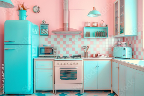 Retro doll kitchen in pastel cute colors, shabby chic vintage