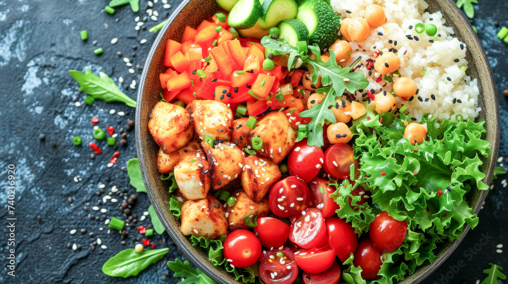 Grilled Chicken and Vegetable Poke Bowl.