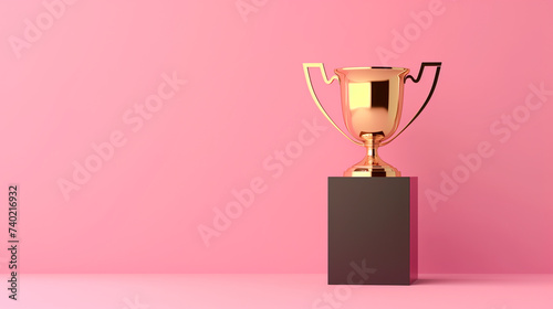 Golden champion trophy cup on pink background. Winning concept, copy space for text. Generative AI