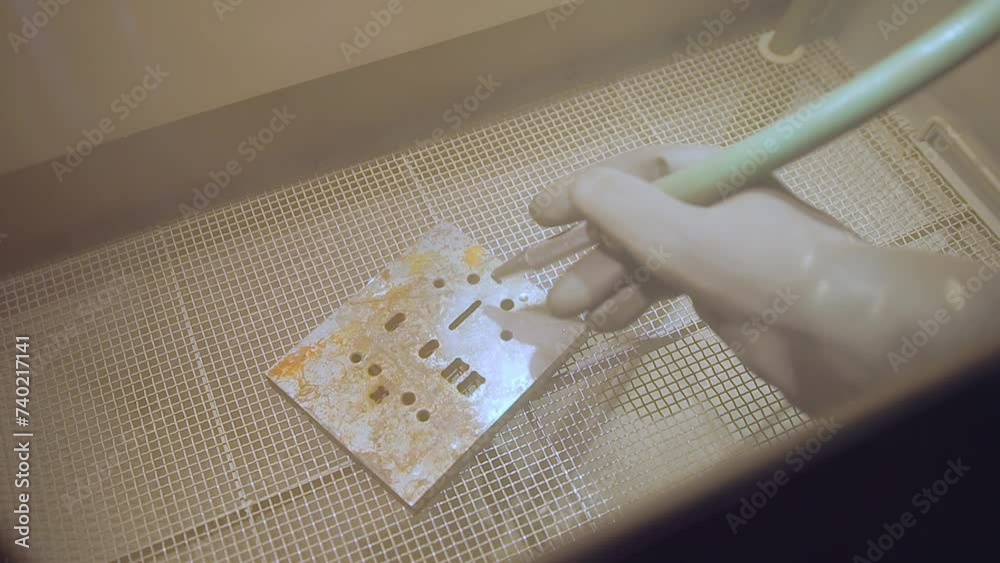 Sandblasting. Sandblasting a rusty iron part in a special box.