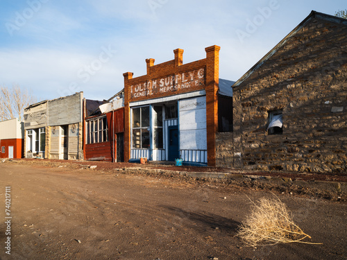 A tumbleweed on a street in deserted downtown Folsom, a ghost town in New Mexico