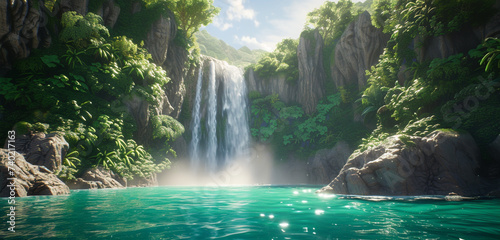 A majestic waterfall, its waters a shimmering silver, plunging into a lagoon of deep emerald green photo