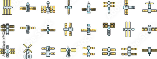 Space station system icons set. Outline set of space station system vector icons thin line color flat on white