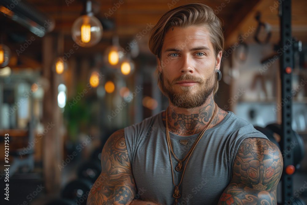 Stylish Tattooed Man: Handsome Adult with Beard Showcasing a Trendy and Attractive Lifestyle