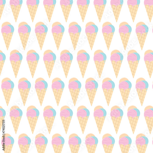 Hand drawn ice cream in cones template in flat style. Seamless template with sweet ice cream in cones in blue, pink and beige colors. Flat vector illustration for wrapping and packaging for birthday a