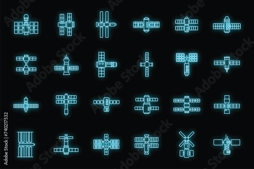 Space station system icons set. Outline set of space station system vector icons neon color on black