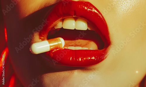 Sensual female mouth in close-up portrait with pills between lips. photo