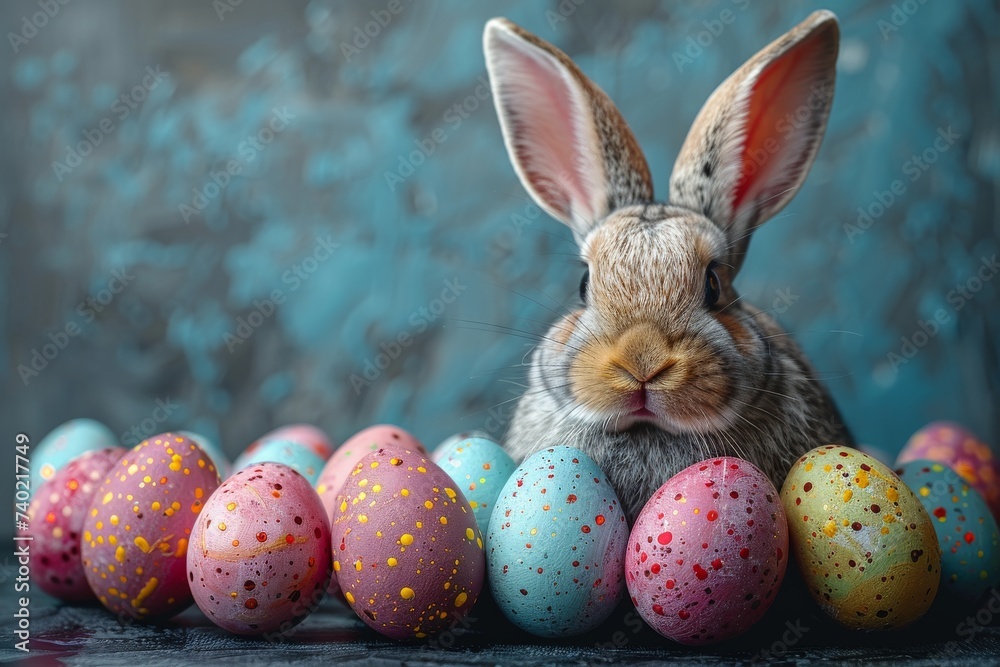Happy Easter Eggs hop tea. Bunny hopping in flower wallpaper finishes decoration. Adorable hare 3d cottontail rabbit illustration. Holy week Orange Sorbet card Easter vigil