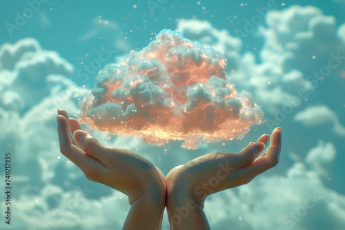 A serene moment captured as a person's hands hold onto a cloud, surrounded by the vast expanse of the sky and the peacefulness of an underwater world