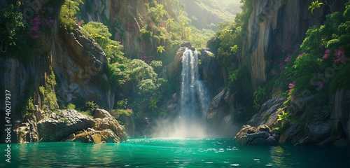 A majestic waterfall, its waters a shimmering silver, plunging into a lagoon of deep emerald green photo
