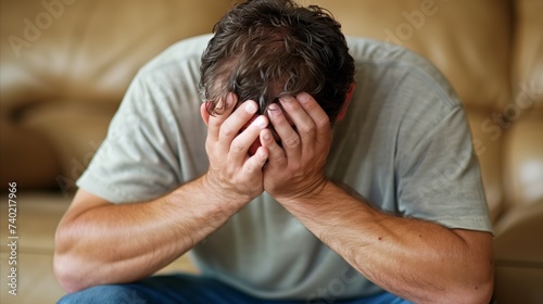 Stressed man covering face with hands at home