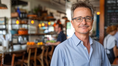 Confident middle-aged man smiling in a busy cafe