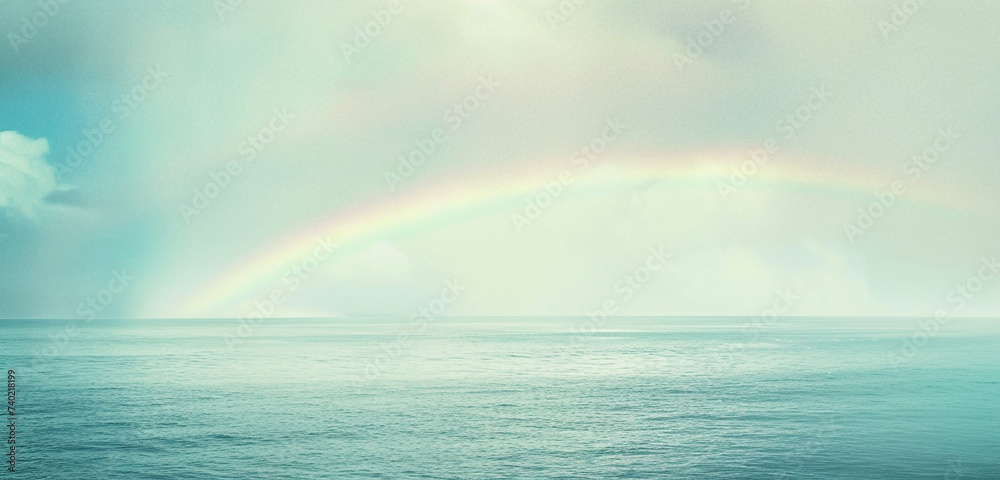 A serene depiction of a rainbow over a calm sea after the rain, symbolizing hope and renewal akin to the spirit of a festival with the sky transitioning from light grey to pale blue - obrazy, fototapety, plakaty 