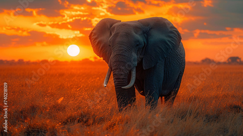 Elephant on sunset in National park of Kenya, Africa