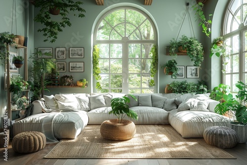 A cozy indoor oasis awaits, with a lush garden of houseplants adorning the room's large window, while a stylish studio couch and loveseat invite you to relax in this beautifully designed living space