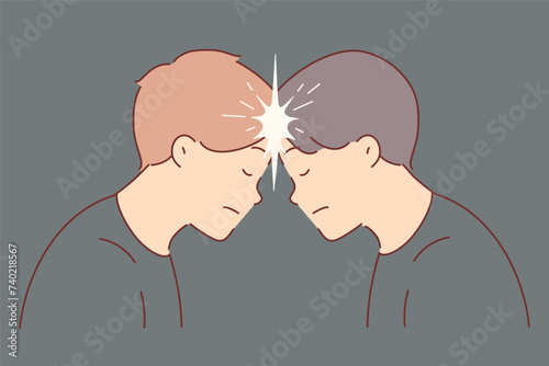 Fotografija Two men brainstorm together and touch foreheads to create telepathic connection