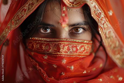 Portrait. The face of a girl in a niqab. The eyes of a girl, the look of a young girl. Close-up.
