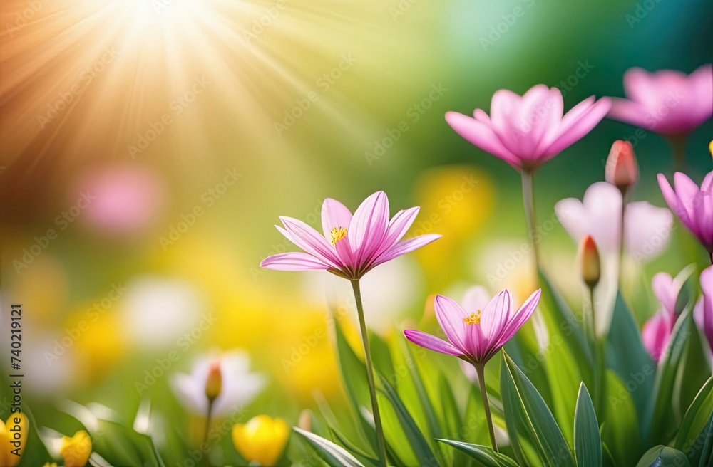Fototapeta premium Spring background with flowers, blurred bokeh, free place for text. Greeting card for spring holidays. Template for Birthday, Women's Day, Mother's Day. Floral picture.