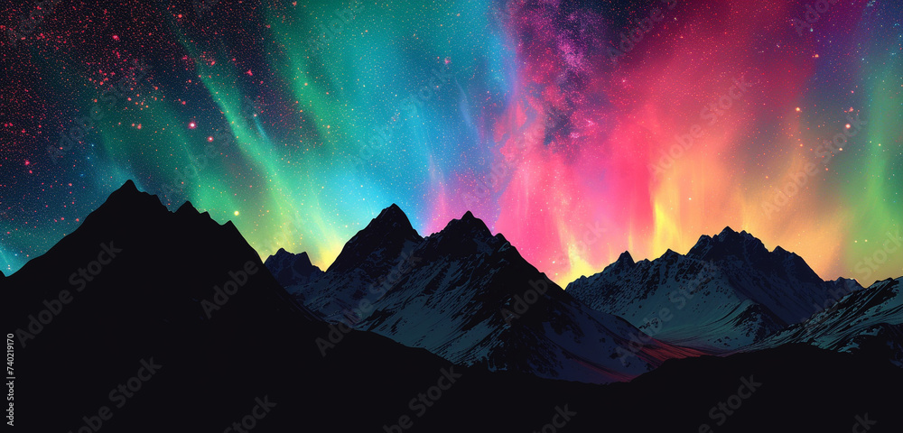 A serene landscape of mountains under the night sky, with the aurora borealis casting colorful lights in amoled tones over a black silhouette of peaks, rendered in stunning 3D, 8K clarity