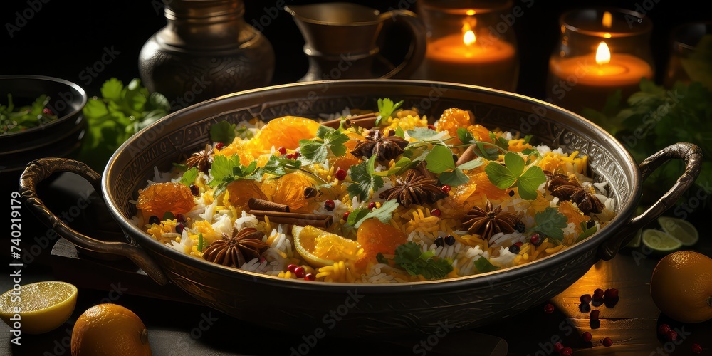 Biryani Culinary Charm, A Visual Symphony of Fragrant Rice, Spiced Meat, and Tangy Yogurt, Capturing Flavorful Bliss 