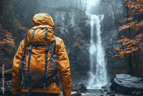 A solitary figure clad in a bright yellow jacket gazes in awe at the majestic waterfall  surrounded by the raw beauty of nature while embarking on a serene hiking adventure