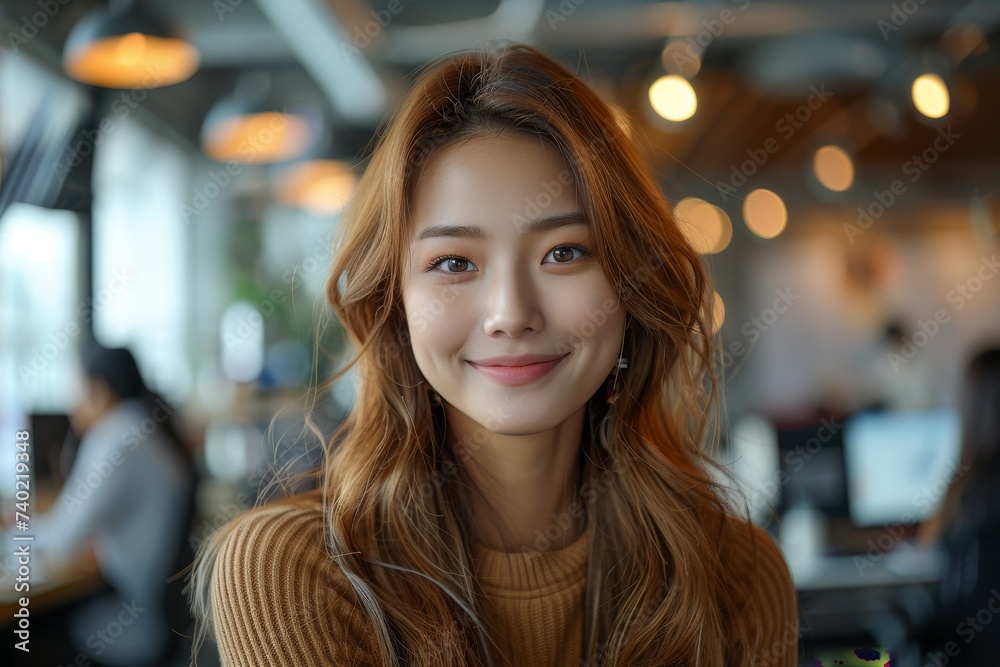 A joyful lady with long, layered brown hair and a bright smile gazes confidently at the camera in an indoor setting, showcasing her stylish clothing and captivating human face against a simple yet el
