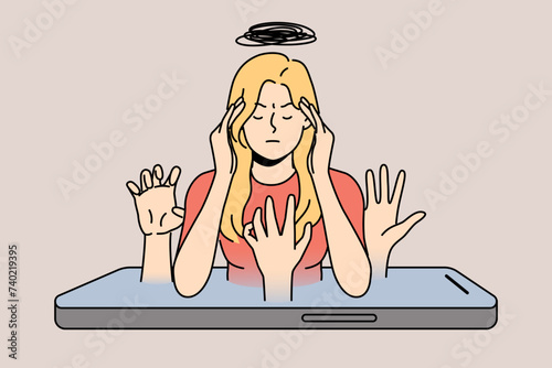 Woman with migraine on mobile phone screen, due to fatigue from constant messages from colleagues or friends. Girl digital addiction caused headaches and migraine that undermined health.