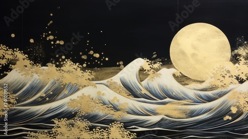 painting of gold and black waves on the beach, in the style of japenese renaissance
