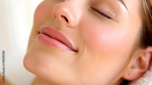 Close-up of a serene woman's face with subtle makeup