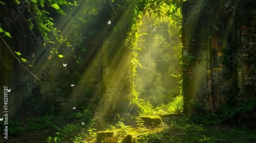 Deep within a mystical forest, shafts of sunlight pierce through the dense foliage, illuminating a tranquil clearing where ancient ruins photo