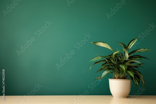 potted plant on table in front of green wall