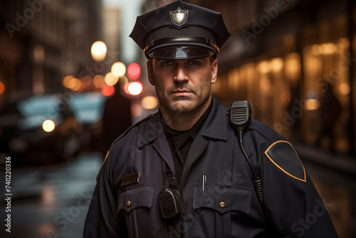 Portrait of a security guard on the street in the evening. Policeman in a crowd at night