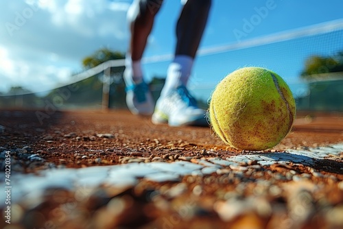 A solitary tennis ball lies forgotten on the grass, its bright yellow contrasting against the deep blue sky, a symbol of unfulfilled potential and the passing of time in the world of sports