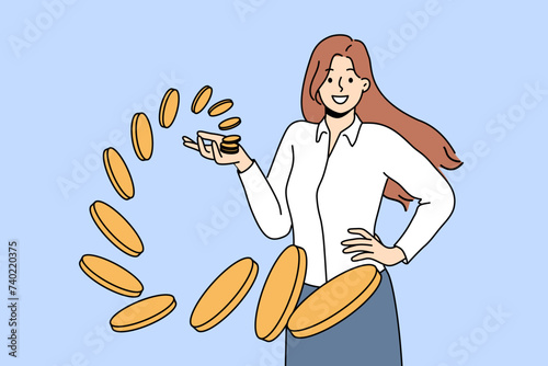 Rich woman stands among flying coins falling into hand on their own, for concept of easy money. Businesswoman gets easy money thanks to professional skills and leadership qualities
